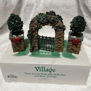 Dept 56 52648 Stone Corner Posts with Holly Tree and Stone Archway Village Decor